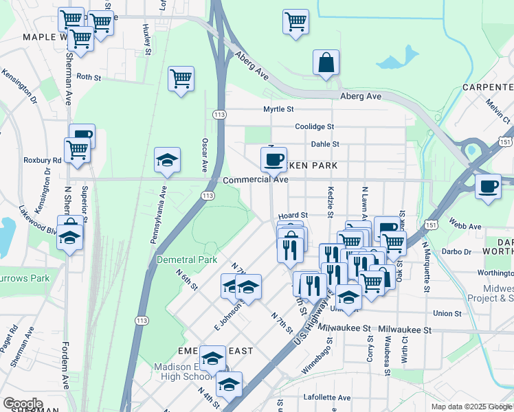 map of restaurants, bars, coffee shops, grocery stores, and more near 2605 Scofield Street in Madison