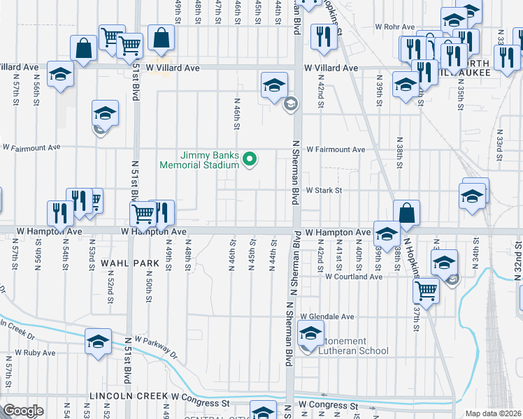 map of restaurants, bars, coffee shops, grocery stores, and more near 4843 North 45th Street in Milwaukee
