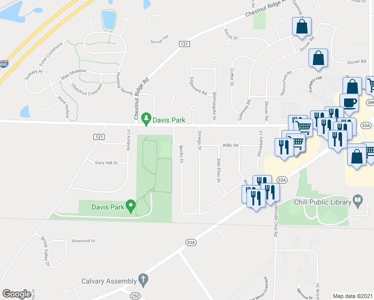 map of restaurants, bars, coffee shops, grocery stores, and more near 14 Bucky Drive in Rochester