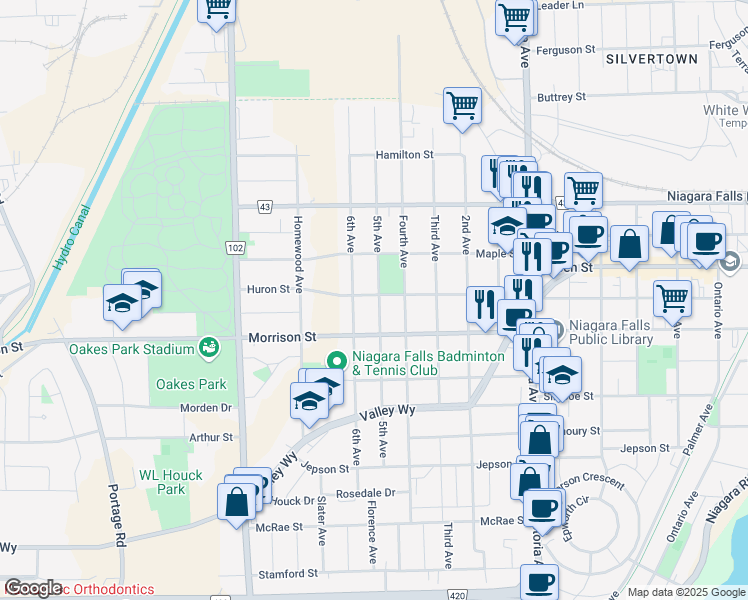 map of restaurants, bars, coffee shops, grocery stores, and more near 5162 Huron Street in Niagara Falls