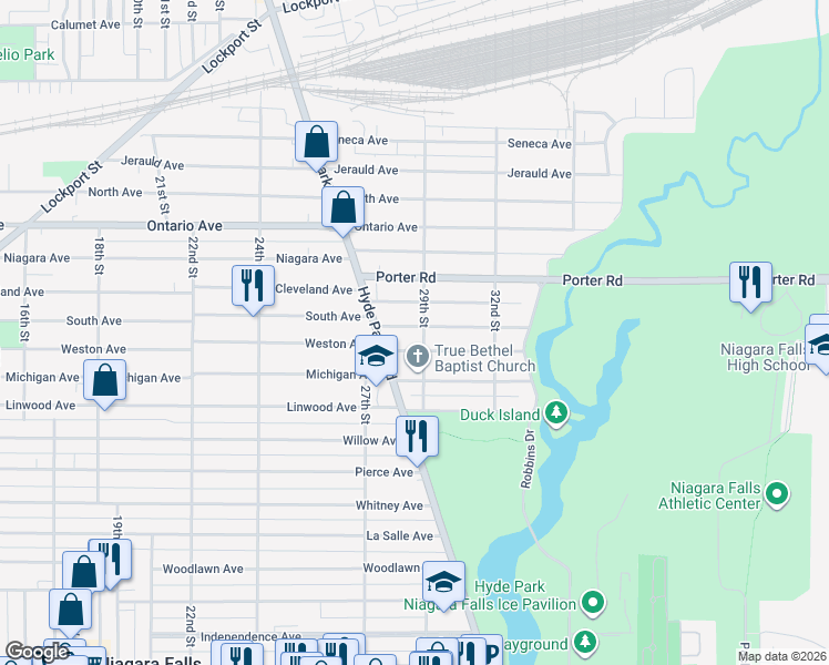 map of restaurants, bars, coffee shops, grocery stores, and more near 2739 South Avenue in Niagara Falls