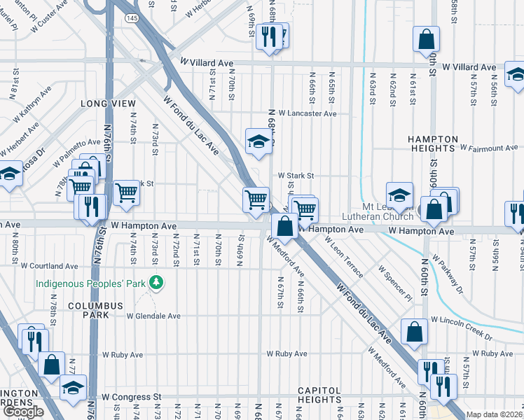 map of restaurants, bars, coffee shops, grocery stores, and more near 6700 West Fond Du Lac Avenue in Milwaukee