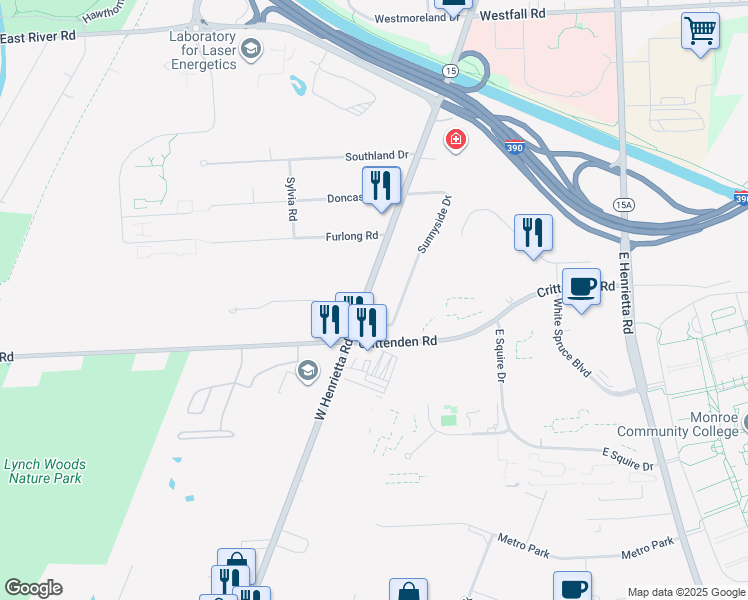 map of restaurants, bars, coffee shops, grocery stores, and more near 2282 West Henrietta Road in Rochester