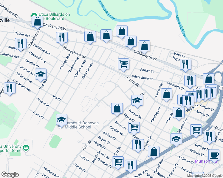 map of restaurants, bars, coffee shops, grocery stores, and more near 1213 Court Street in Utica