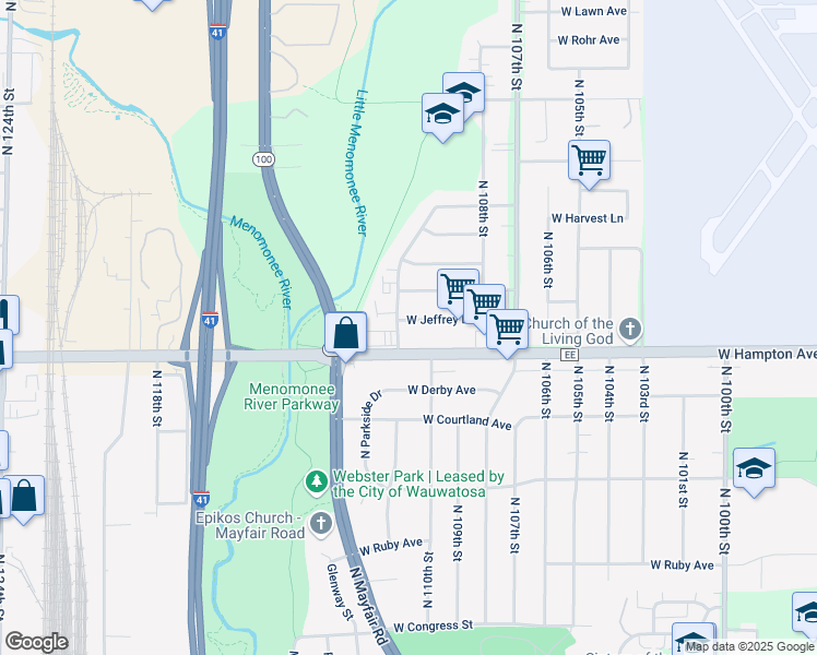 map of restaurants, bars, coffee shops, grocery stores, and more near 10953 West Jeffrey Lane in Milwaukee