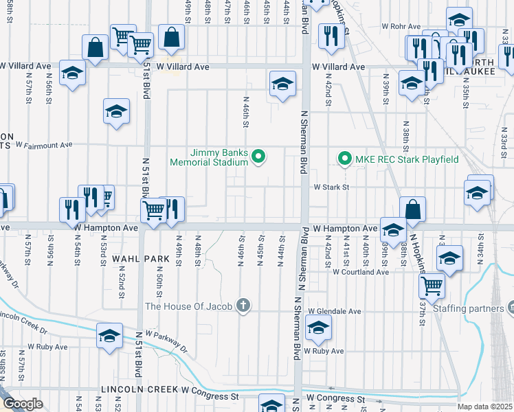 map of restaurants, bars, coffee shops, grocery stores, and more near 4843 North 45th Street in Milwaukee