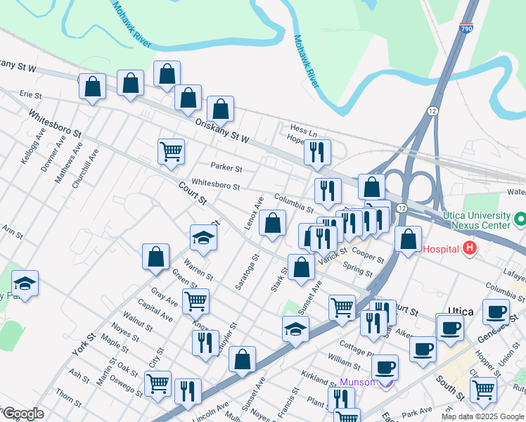 map of restaurants, bars, coffee shops, grocery stores, and more near 622 Saratoga Street in Utica