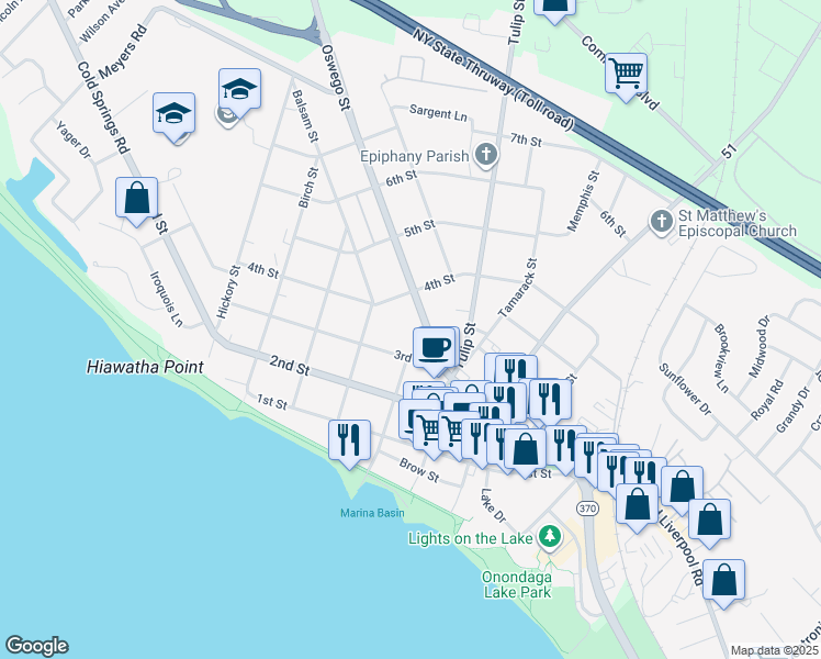 map of restaurants, bars, coffee shops, grocery stores, and more near 709 Oswego Street in Liverpool