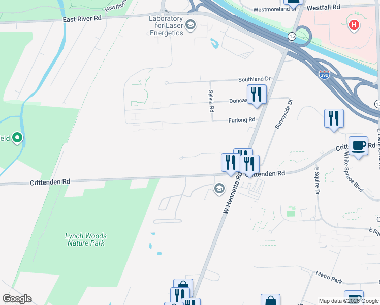 map of restaurants, bars, coffee shops, grocery stores, and more near 140 Lantern Lane in Rochester