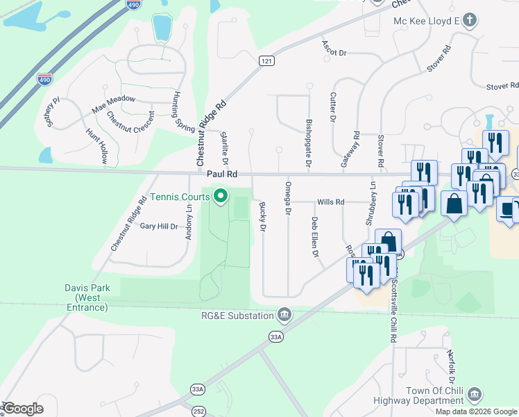 map of restaurants, bars, coffee shops, grocery stores, and more near 14 Bucky Drive in Rochester