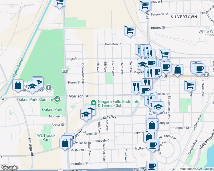 map of restaurants, bars, coffee shops, grocery stores, and more near 5162 Huron Street in Niagara Falls