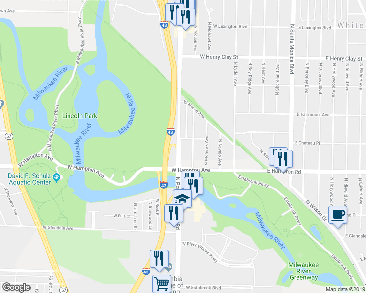 map of restaurants, bars, coffee shops, grocery stores, and more near 4866 North Port Washington Road in Milwaukee