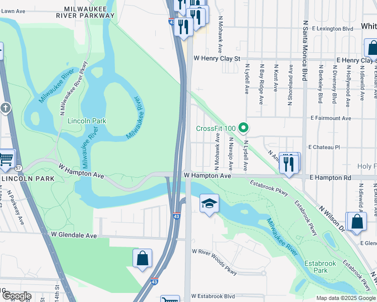 map of restaurants, bars, coffee shops, grocery stores, and more near 4866 North Port Washington Road in Glendale
