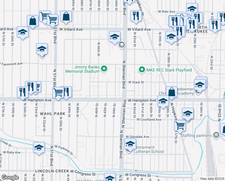 map of restaurants, bars, coffee shops, grocery stores, and more near 4838 North 44th Street in Milwaukee