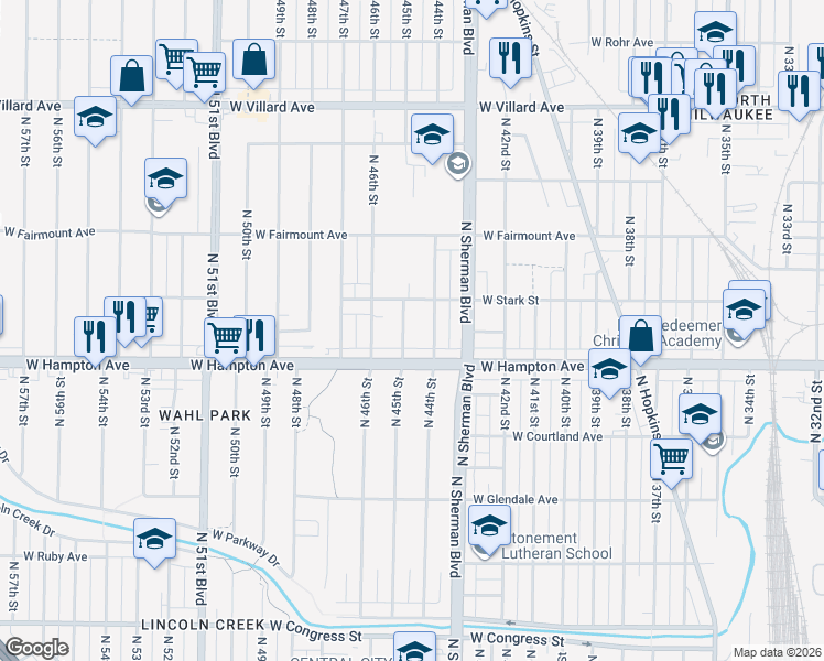 map of restaurants, bars, coffee shops, grocery stores, and more near 4843 North 45th Street in Milwaukee