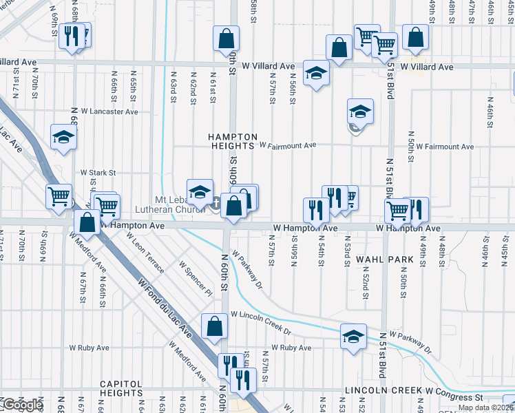 map of restaurants, bars, coffee shops, grocery stores, and more near 4833 North 57th Street in Milwaukee