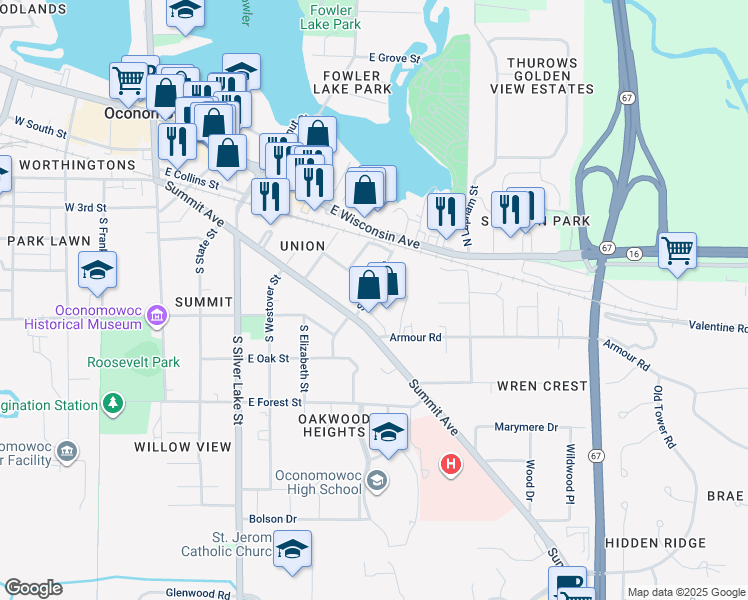 map of restaurants, bars, coffee shops, grocery stores, and more near 652 Armour Road in Oconomowoc