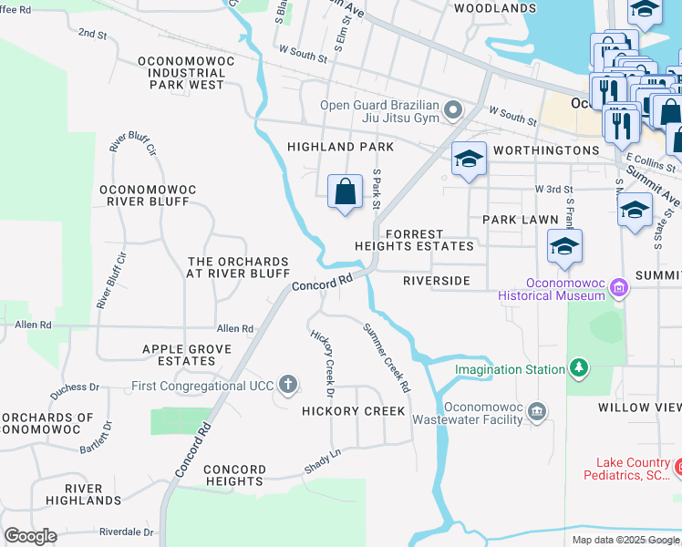 map of restaurants, bars, coffee shops, grocery stores, and more near 578 South Concord Road in Oconomowoc