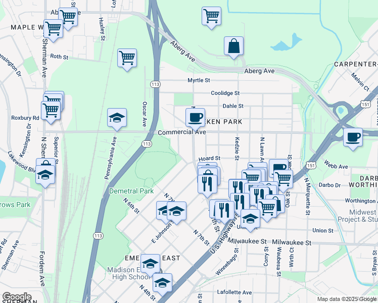 map of restaurants, bars, coffee shops, grocery stores, and more near 2605 Scofield Street in Madison