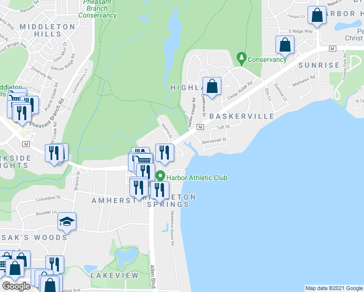 map of restaurants, bars, coffee shops, grocery stores, and more near 2825 Dewey Court in Middleton