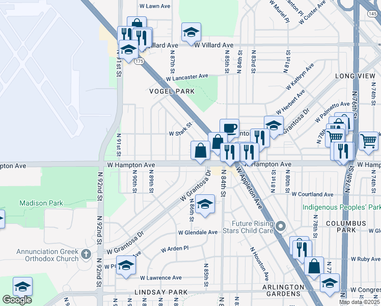 map of restaurants, bars, coffee shops, grocery stores, and more near 4823 North 86th Street in Milwaukee