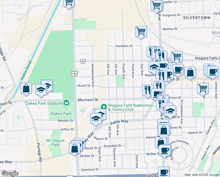 map of restaurants, bars, coffee shops, grocery stores, and more near 5202 Huron Street in Niagara Falls