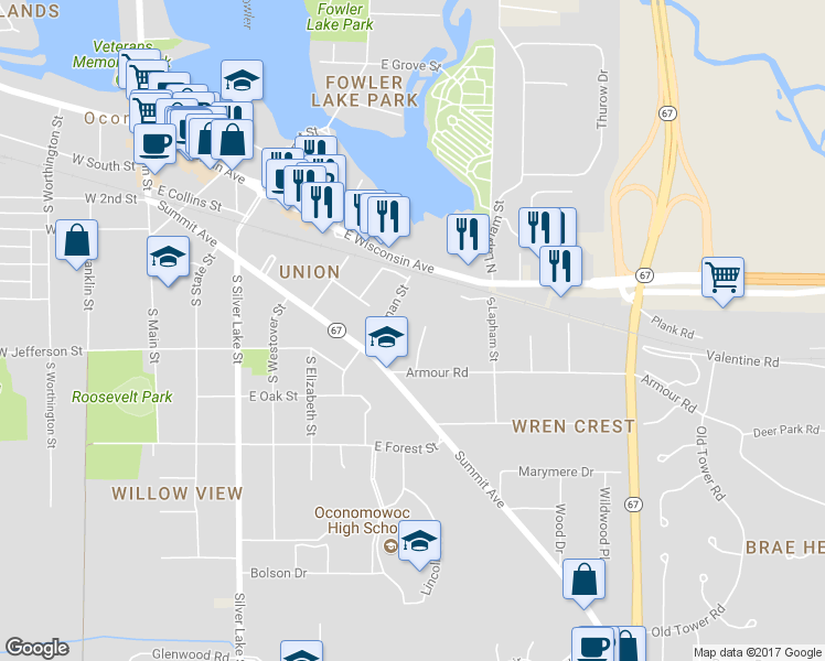 map of restaurants, bars, coffee shops, grocery stores, and more near 652 Armour Road in Oconomowoc