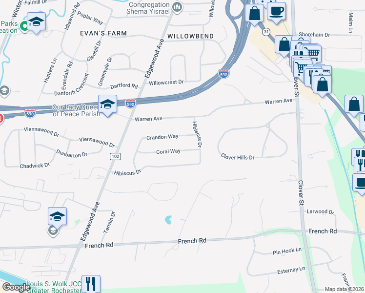 map of restaurants, bars, coffee shops, grocery stores, and more near 30 Coral Way in Rochester