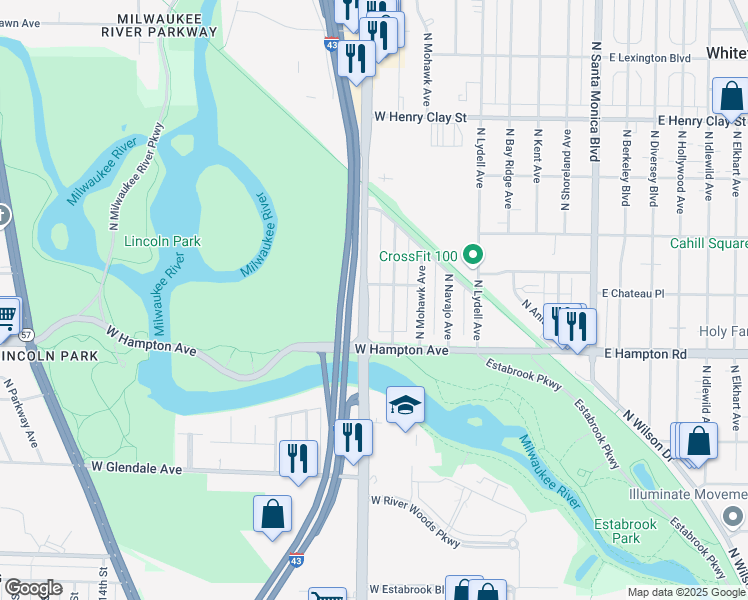 map of restaurants, bars, coffee shops, grocery stores, and more near 4866 North Port Washington Road in Glendale