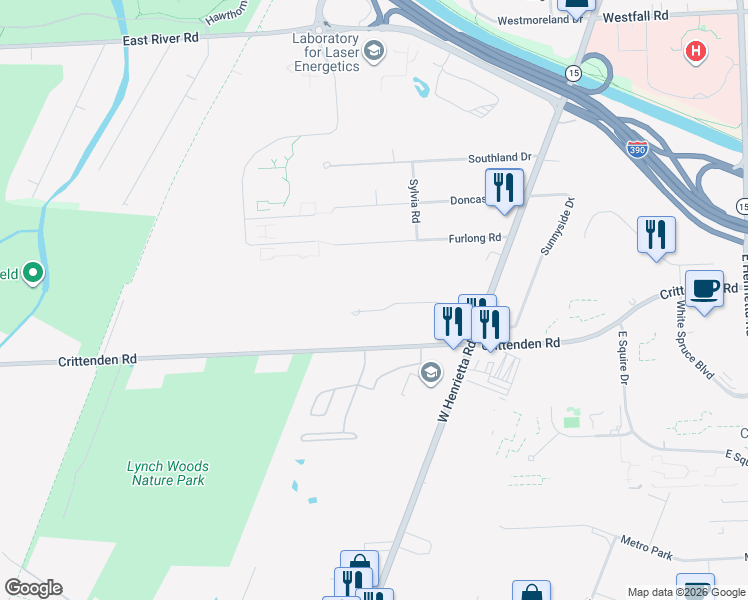 map of restaurants, bars, coffee shops, grocery stores, and more near 140 Lantern Lane in Rochester