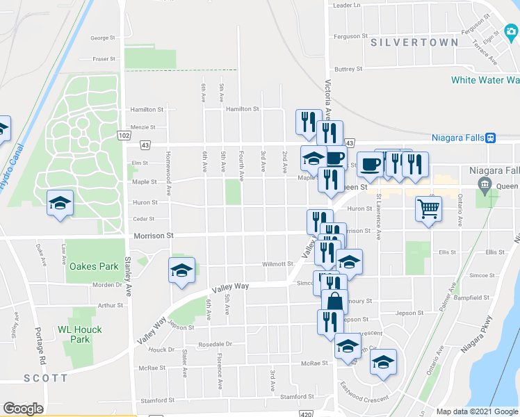 map of restaurants, bars, coffee shops, grocery stores, and more near 5038 Huron Street in Niagara Falls