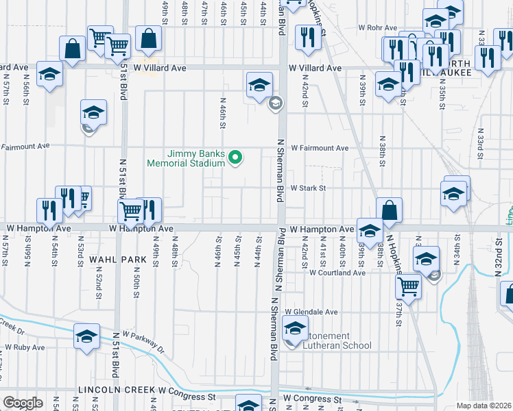 map of restaurants, bars, coffee shops, grocery stores, and more near 4838 North 44th Street in Milwaukee
