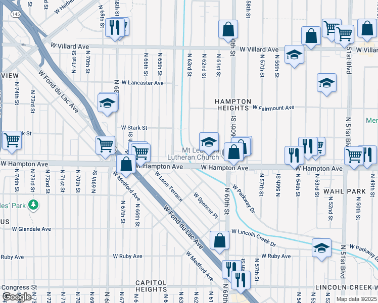 map of restaurants, bars, coffee shops, grocery stores, and more near 4835 North 63rd Street in Milwaukee