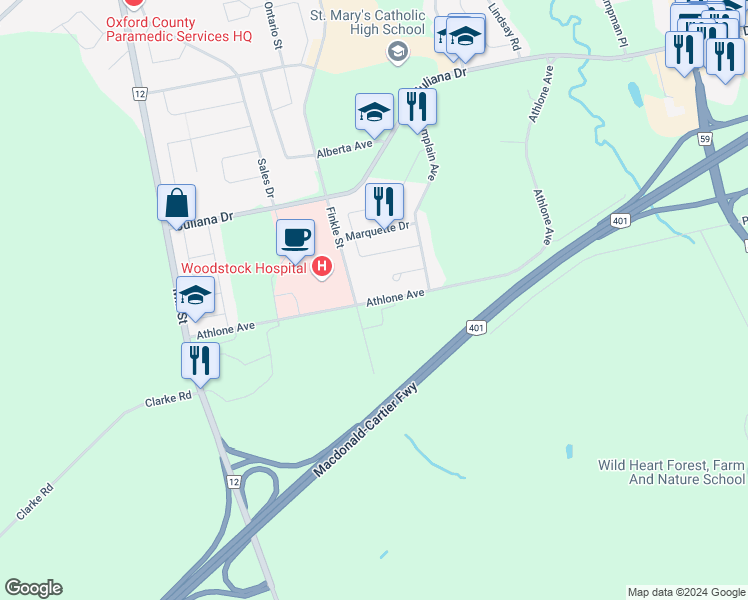 map of restaurants, bars, coffee shops, grocery stores, and more near 435 Athlone Avenue in Woodstock