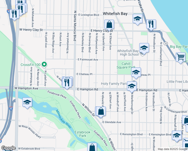 map of restaurants, bars, coffee shops, grocery stores, and more near 4864 North Hollywood Avenue in Whitefish Bay