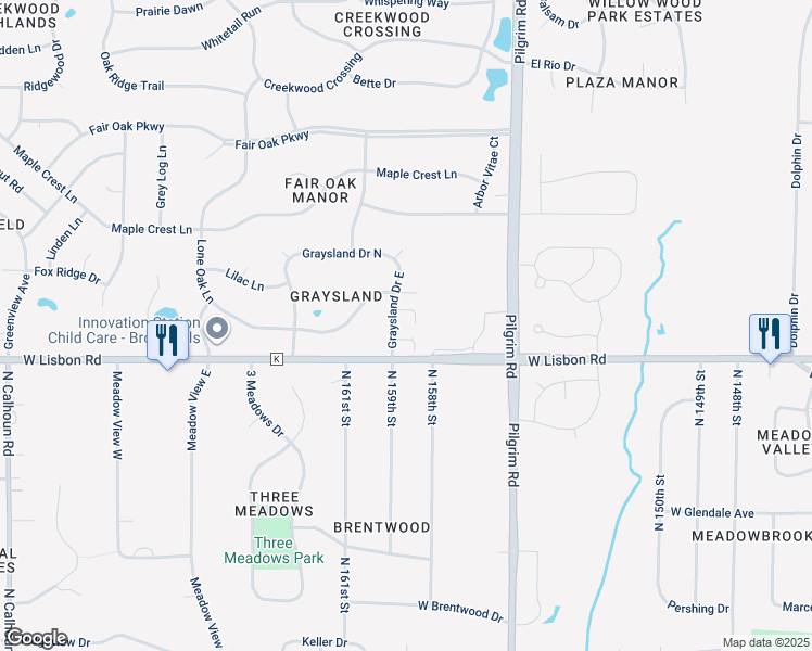 map of restaurants, bars, coffee shops, grocery stores, and more near 4837 Graysland Drive East in Menomonee Falls