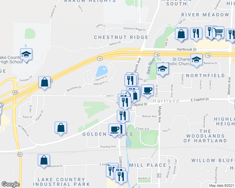 map of restaurants, bars, coffee shops, grocery stores, and more near 166 Hill Court in Hartland
