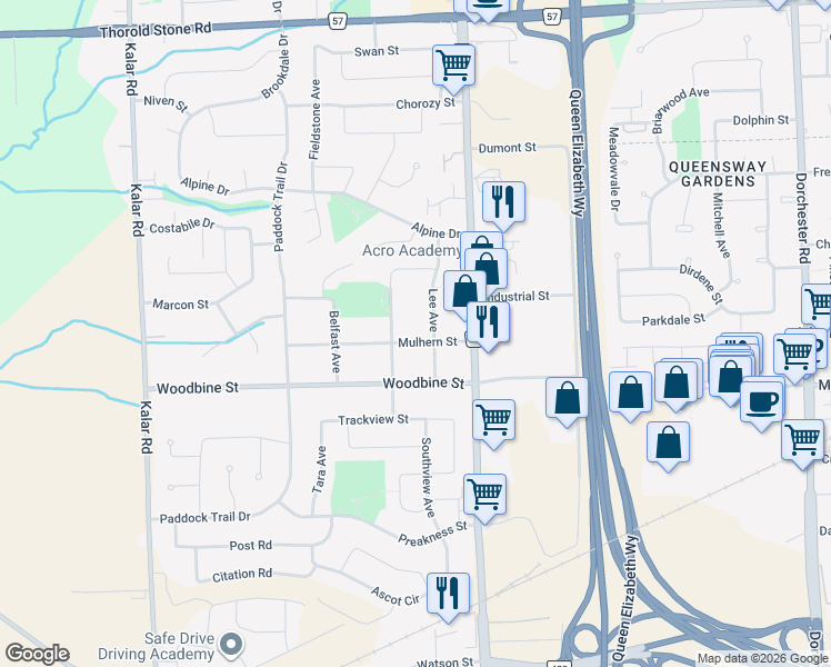 map of restaurants, bars, coffee shops, grocery stores, and more near 7705 Mulhern Street in Niagara Falls