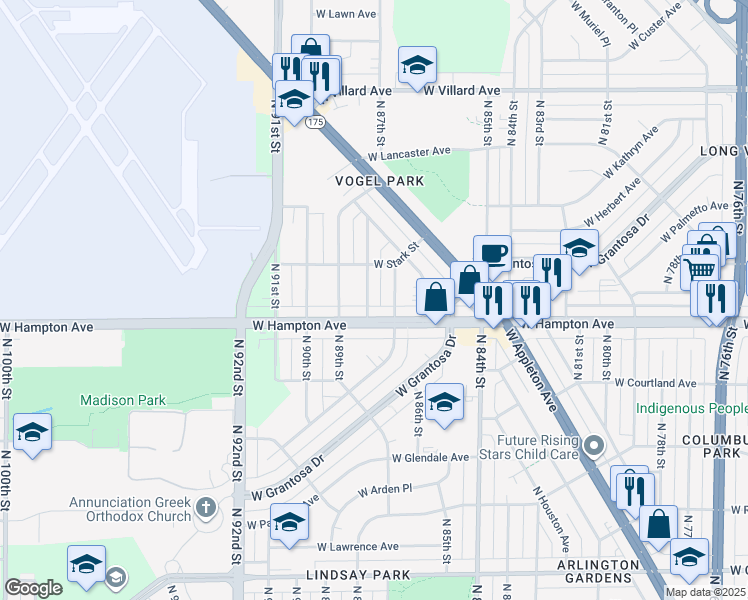 map of restaurants, bars, coffee shops, grocery stores, and more near 8712 West Hampton Avenue in Milwaukee