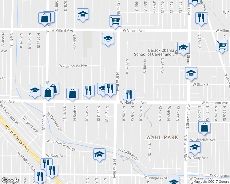 map of restaurants, bars, coffee shops, grocery stores, and more near 4843 North 51st Boulevard in Milwaukee