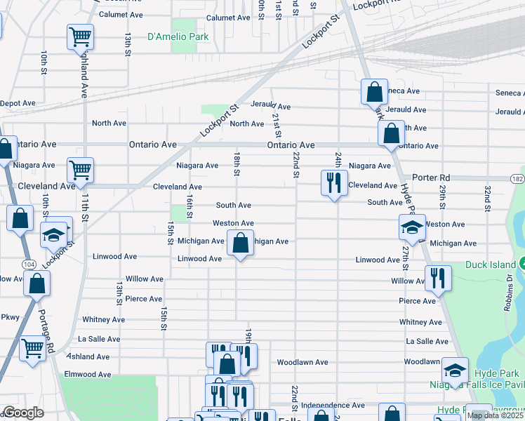 map of restaurants, bars, coffee shops, grocery stores, and more near 1838 Weston Avenue in Niagara Falls