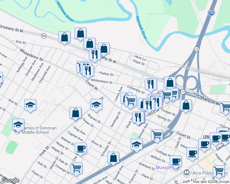 map of restaurants, bars, coffee shops, grocery stores, and more near 1106 Orchard Street in Utica