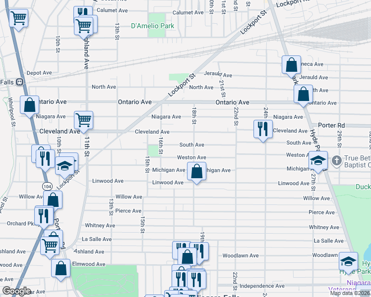 map of restaurants, bars, coffee shops, grocery stores, and more near 1638 Weston Avenue in Niagara Falls