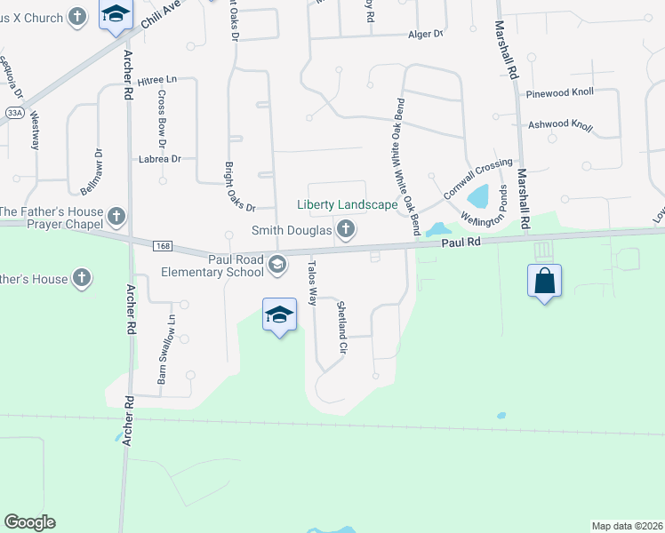 map of restaurants, bars, coffee shops, grocery stores, and more near 551 Paul Road in Rochester