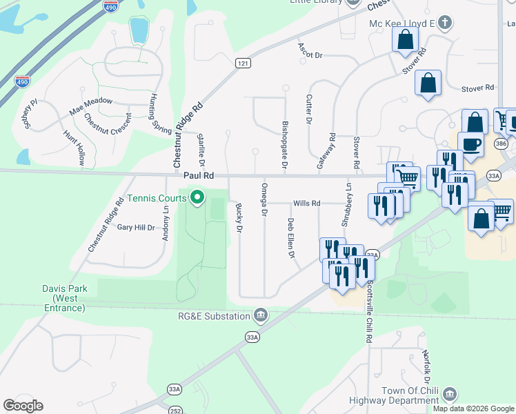 map of restaurants, bars, coffee shops, grocery stores, and more near 14 Omega Drive in Rochester