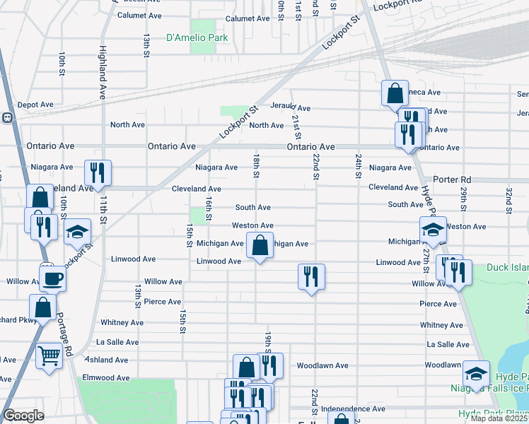map of restaurants, bars, coffee shops, grocery stores, and more near 1809 18th Street in Niagara Falls