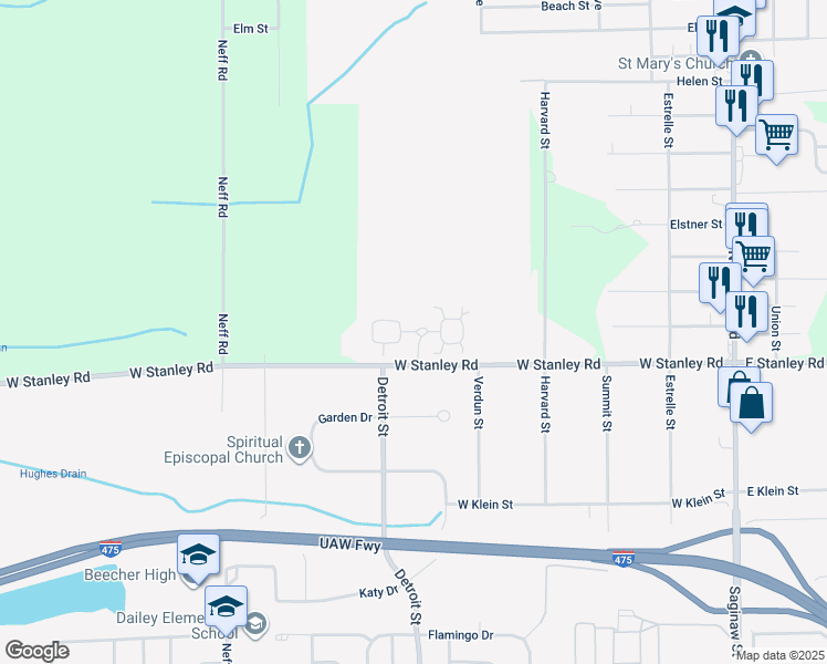 map of restaurants, bars, coffee shops, grocery stores, and more near 7028 Rosewood Drive in Mount Morris