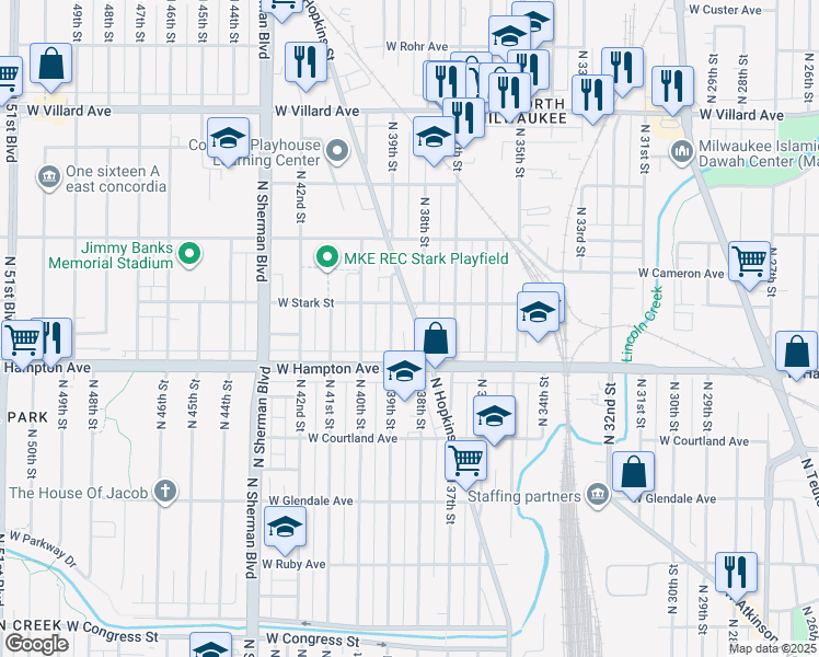 map of restaurants, bars, coffee shops, grocery stores, and more near 4840A North 39th Street in Milwaukee