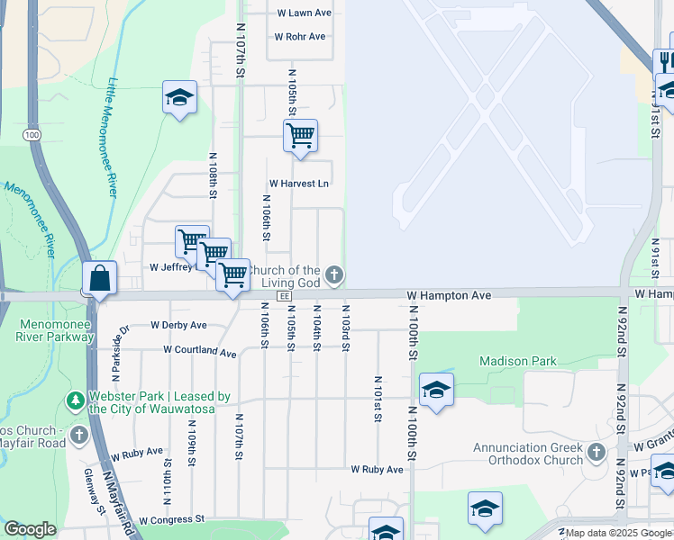 map of restaurants, bars, coffee shops, grocery stores, and more near 4835 North 103rd Street in Milwaukee