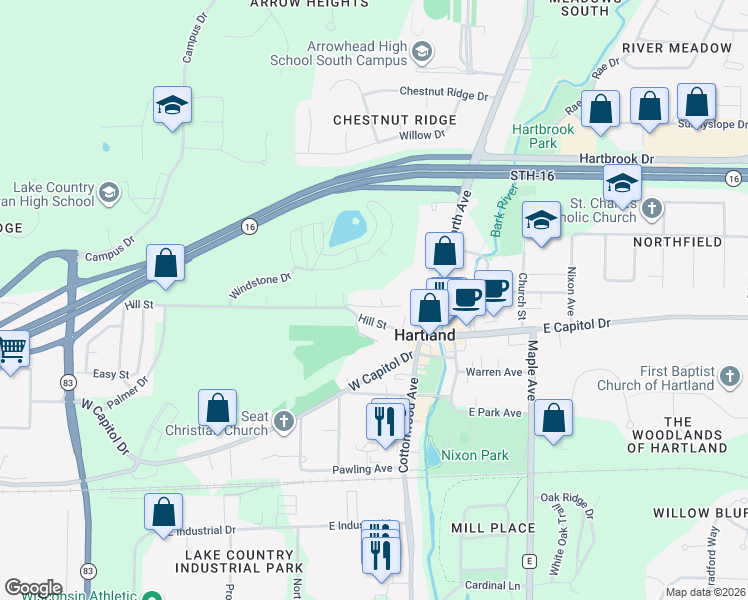 map of restaurants, bars, coffee shops, grocery stores, and more near 208 Hill Court in Hartland